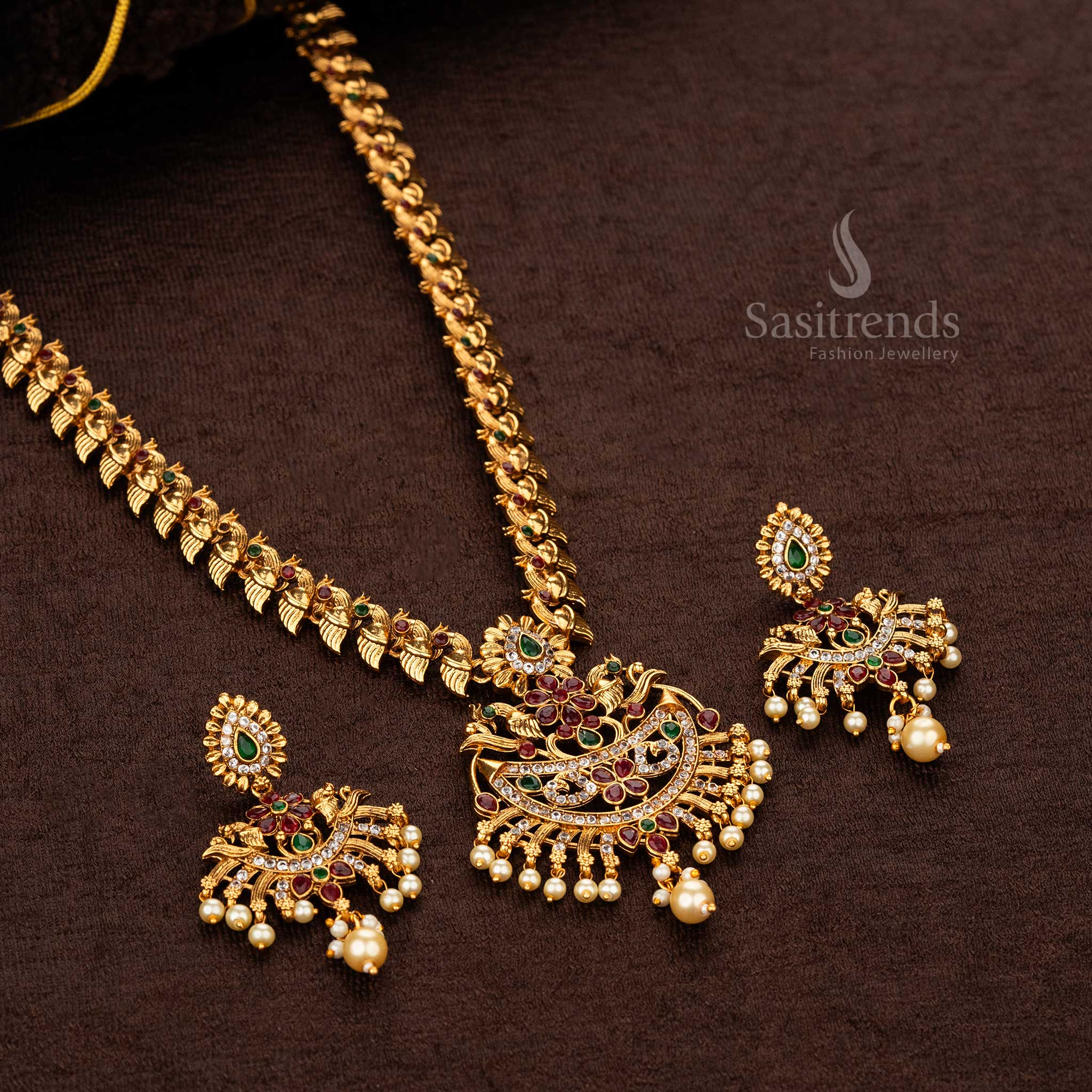 Wedding Wear Classic Matte Gold Plated Long Necklace Ruby Green Jewellery Set - Sasitrends