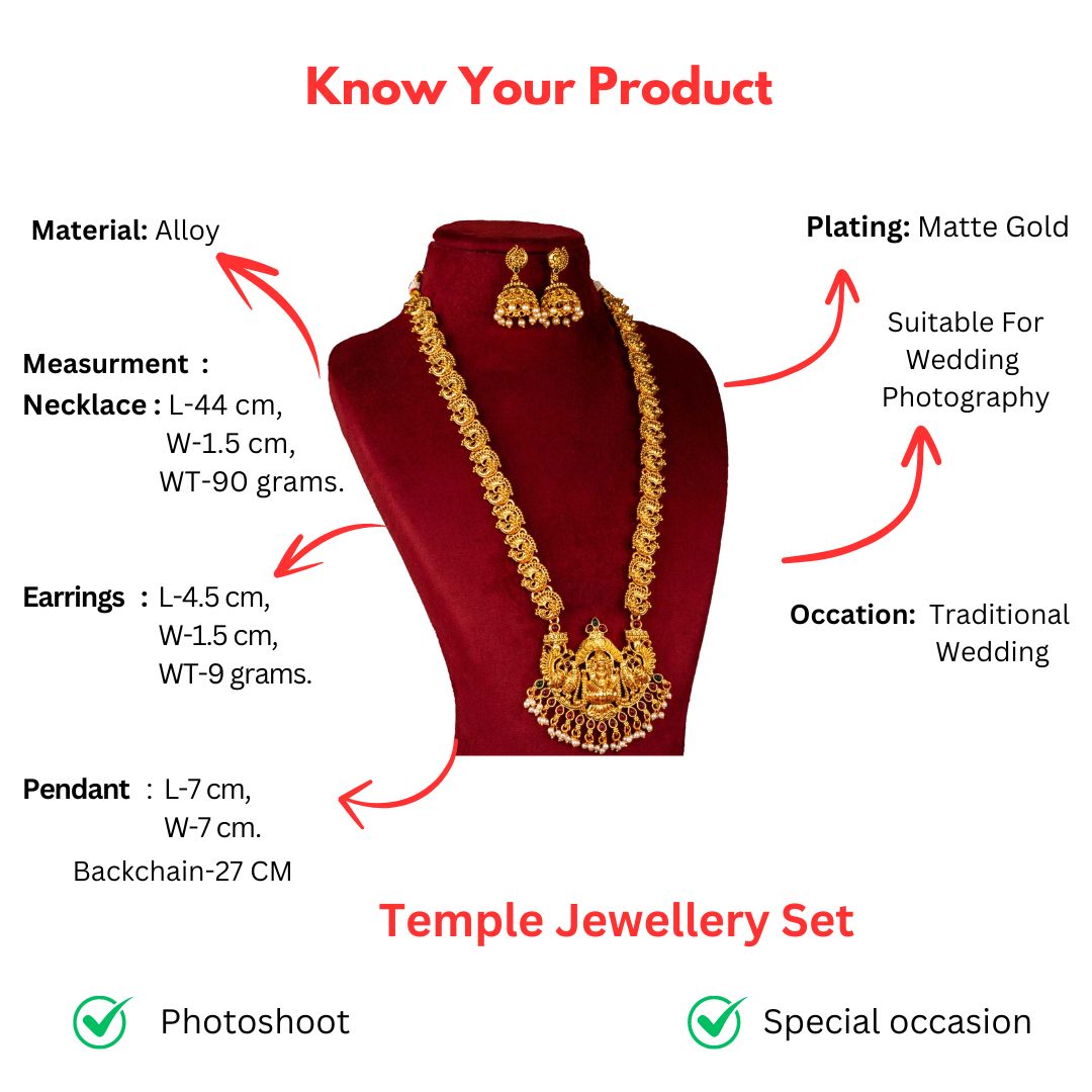 Classic Matt Gold Peacock Lakshmi Long Jewellery Set Measurement Details