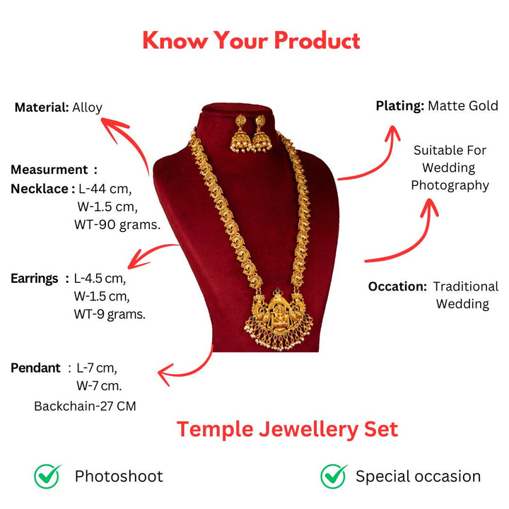 Classic Matt Gold Peacock Lakshmi Long Jewellery Set Measurement Details