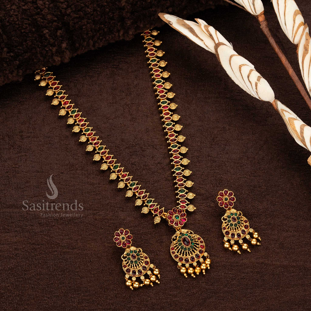 Traditional wear classic temple matte gold plated long haram ruby green  jewellery sets - sasitrends