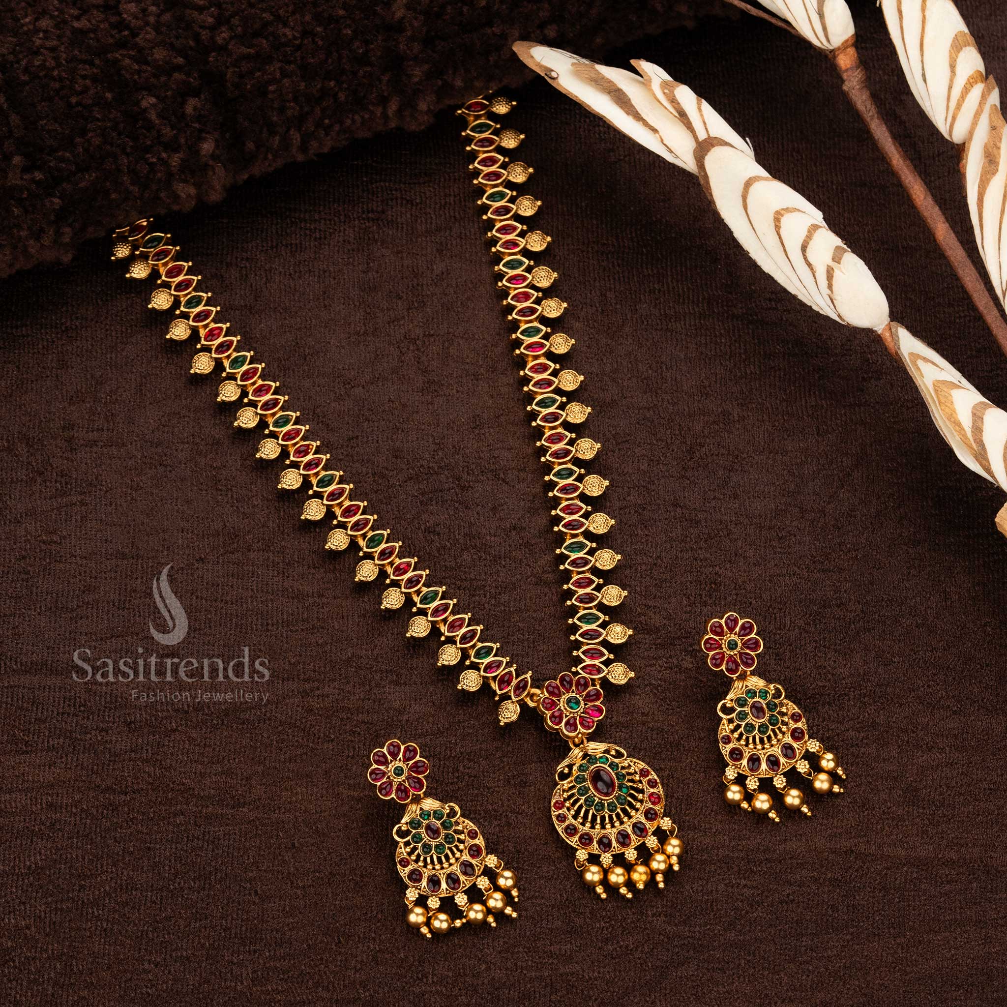 Traditional wear classic temple matte gold plated long haram ruby green  jewellery sets - sasitrends