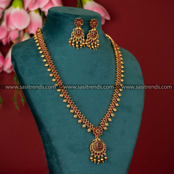 Classic Matte Gold-Plated Temple Flower Long Haram Jewellery Set - Sasitrends - Sasitrends