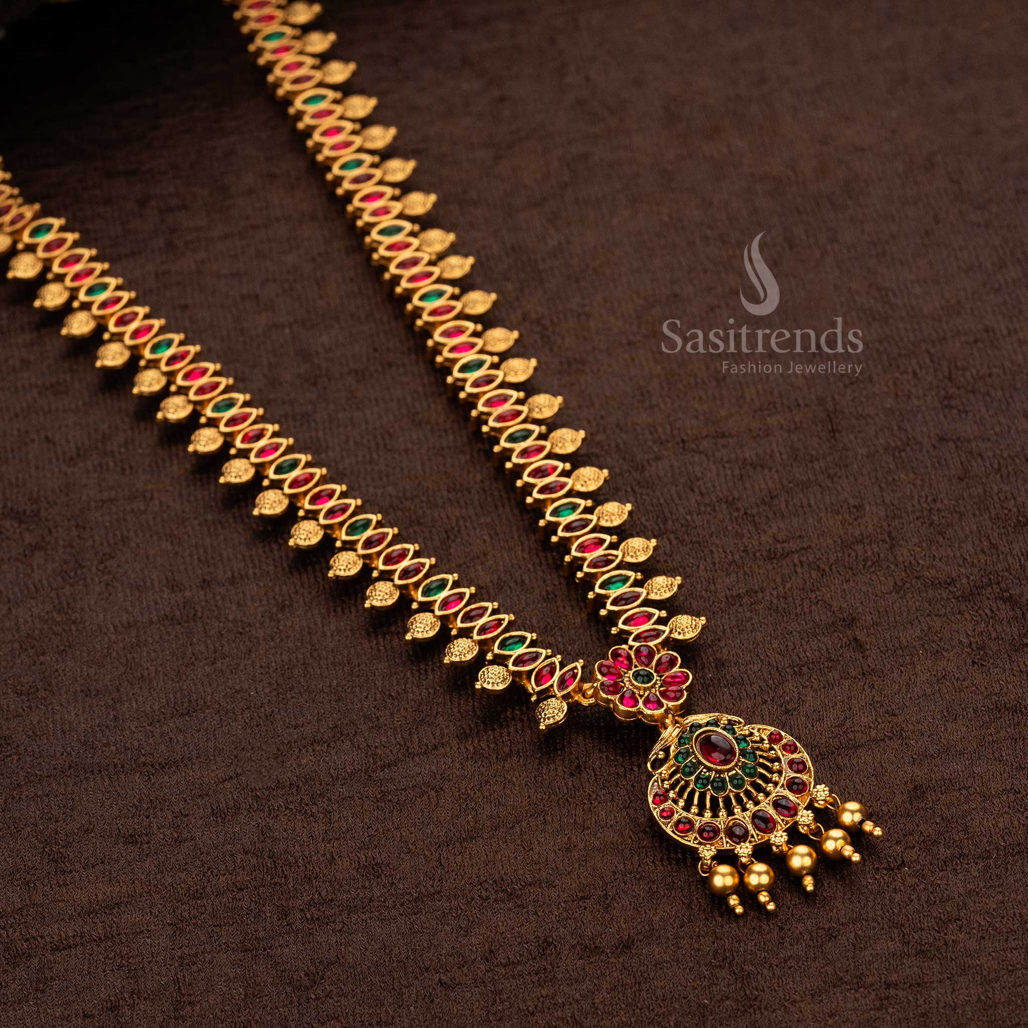 Wedding wear classic temple matte gold plated long haram ruby green  jewellery sets - sasitrends