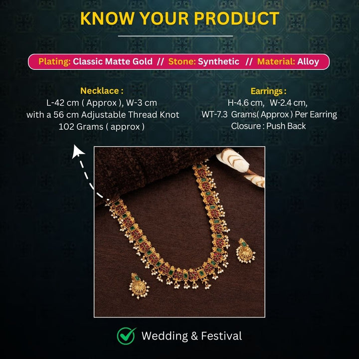 Traditional Classic Temple Matte Gold Plated Temple Long Floral Pearl Haram Necklace Jewellery Set with Jhumka Earrings - Sasitrends