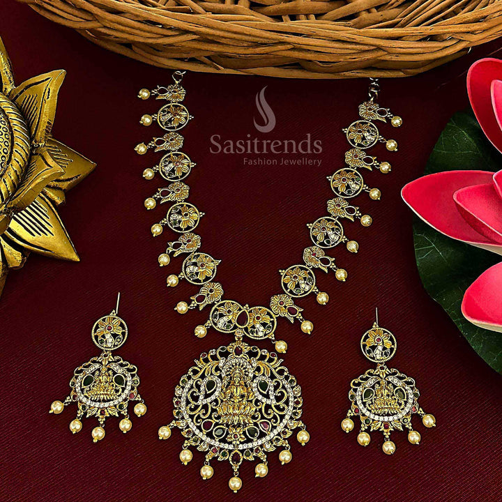 Graceful Temple Matte Gold Tone AD Lakshmi & Peacock Pearl Jewellery Set | Sasitrends