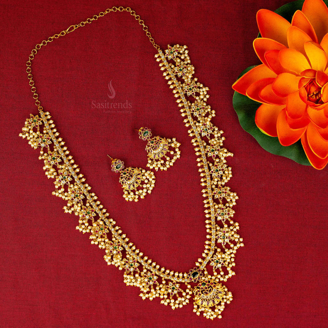 Premium long matte gold plated Gundu Pusalu temple jewellery set with peacock pendant