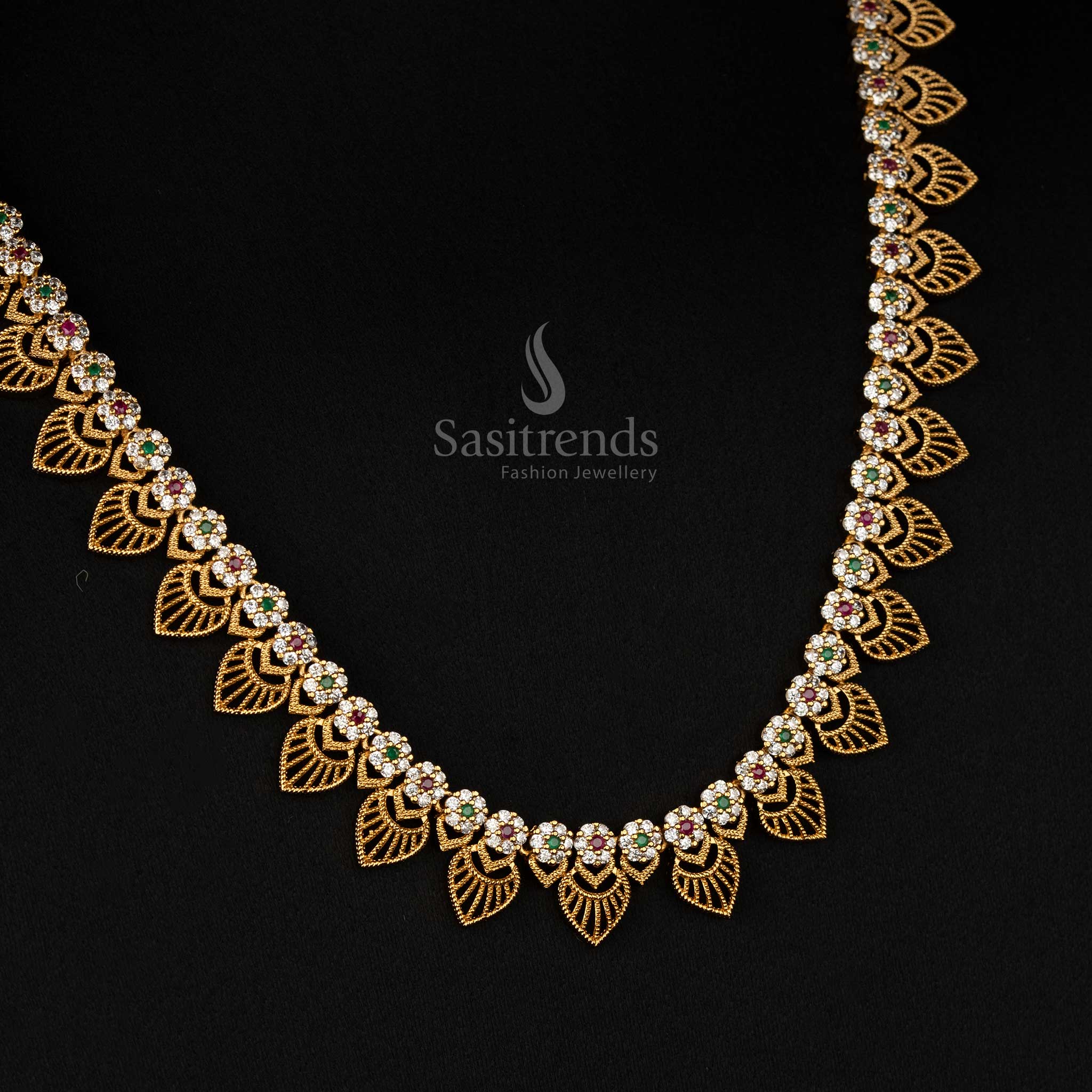 Handcrafted temple-style matte gold necklace set with floral and AD stone accents – Sasitrends