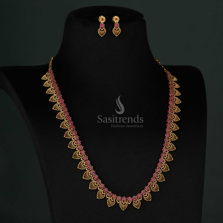 Traditional saree wear matte gold Long necklace set Ruby with detailed floral and leaf embellishments – Sasitrends