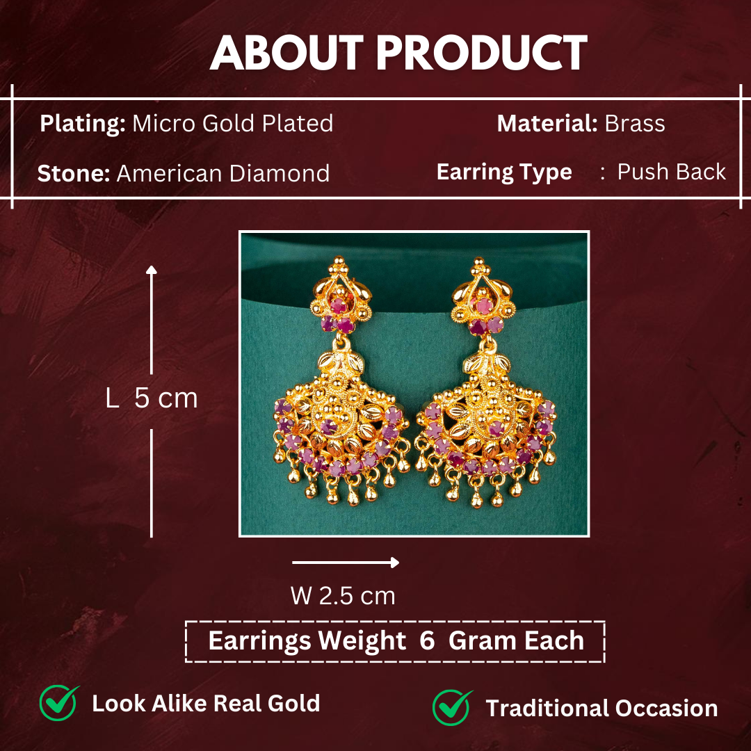 Floral Designer Micro Gold Plated Guaranteed Earrings Measurement Details