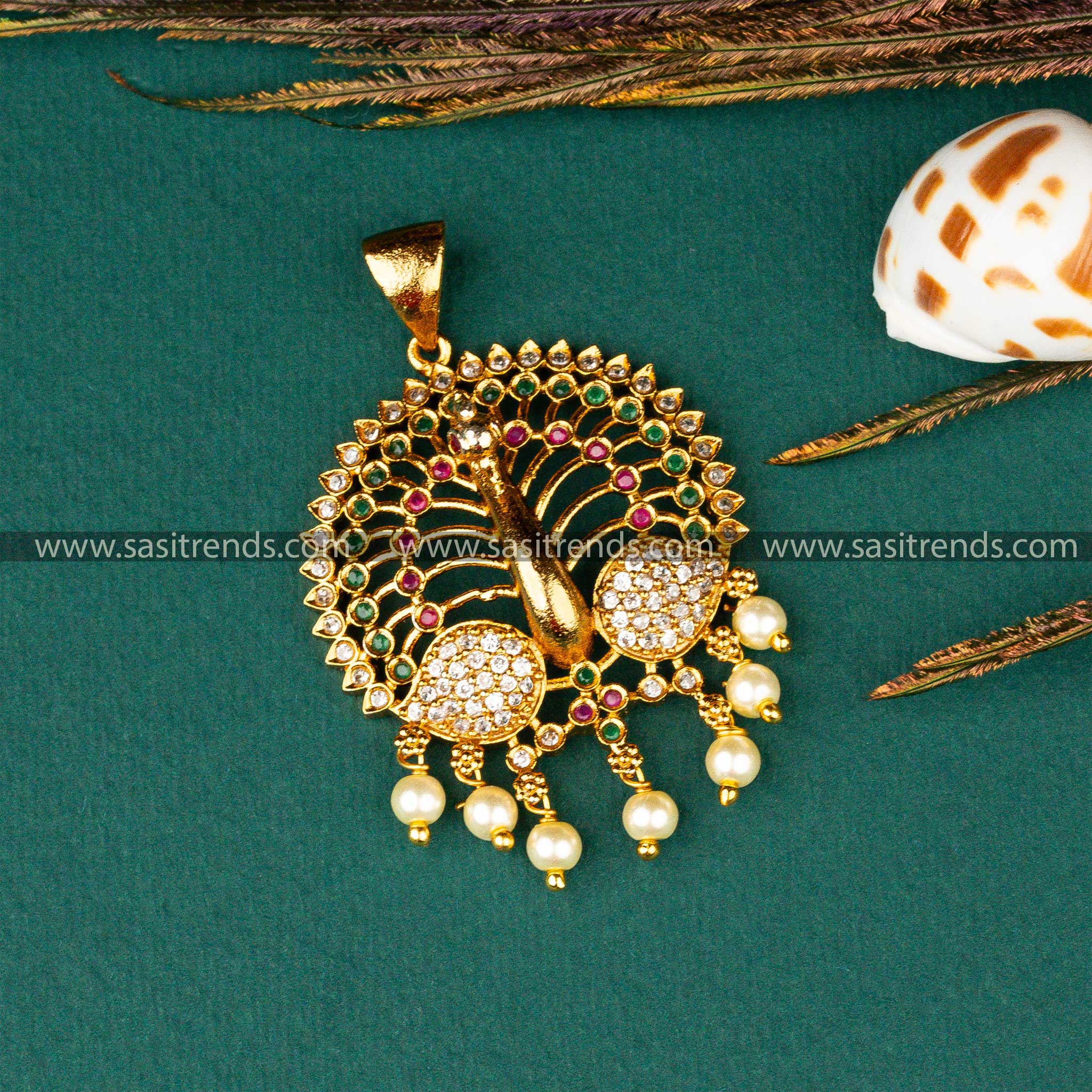 Traditional Occasion Wear Matt Gold Plated Peacock Designer Multi AD Stone Pearl Ball Hanging Pendant