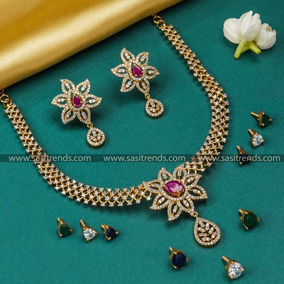 Flower Pendant American Diamond Necklace Set with Interchangeable Tilak Stones - Perfect for Traditional Outfits