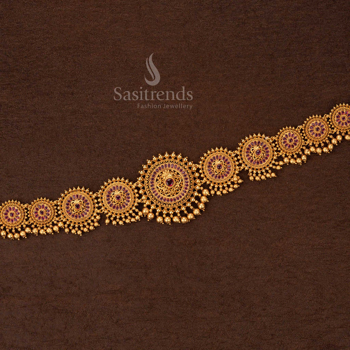 Traditional Matte Gold Plated Temple Hip Belt with Intricate Circular Motifs, American Diamond Stones & Beaded Detailing - Sasitrends