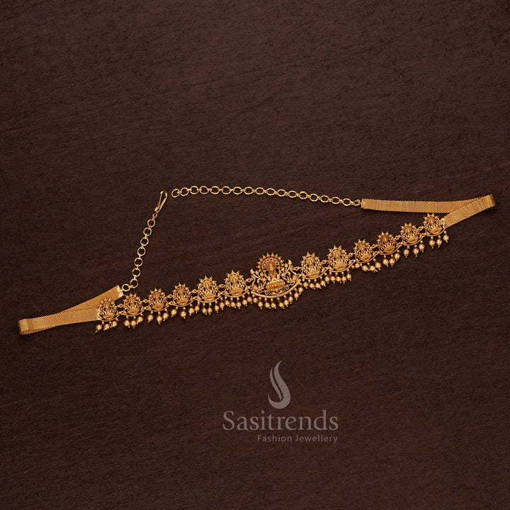 Exquisite temple-style bridal waist belt with multiple Lakshmi engravings, detailed beadwork, and a luxurious matte gold finish – Sasitrends