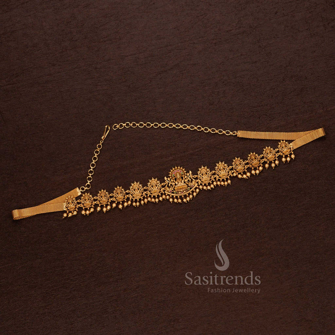 Classic temple-style waist belt with a structured design, Lakshmi deity motifs, and ornamental beaded borders – Sasitrends