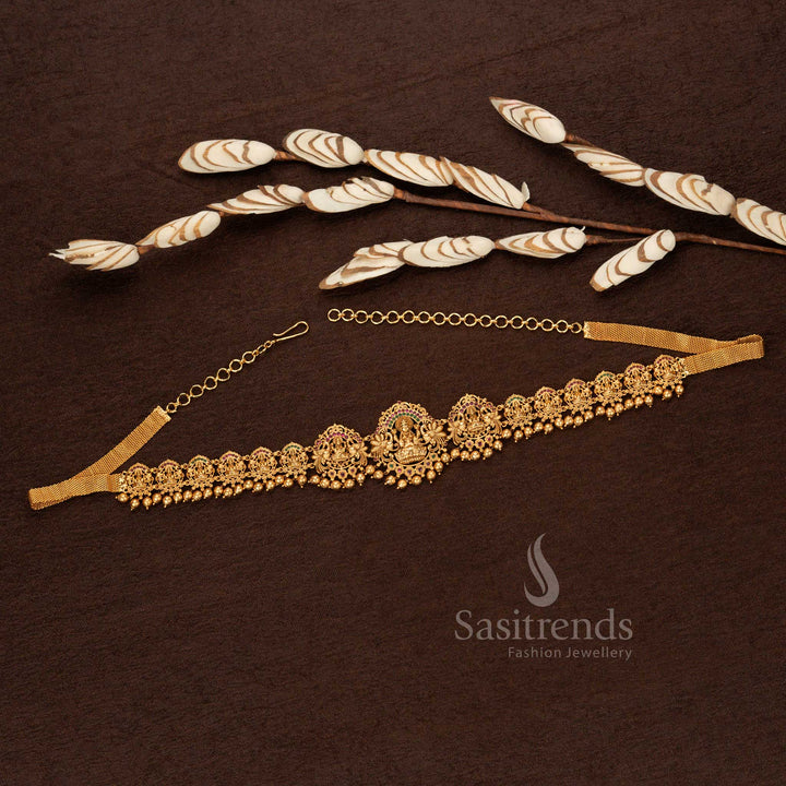 Attractive Matte Gold Plated Temple Hip Belt with Lakshmi Pendant, Dual Peacock Motif & Hanging Golden Beads - Sasitrends