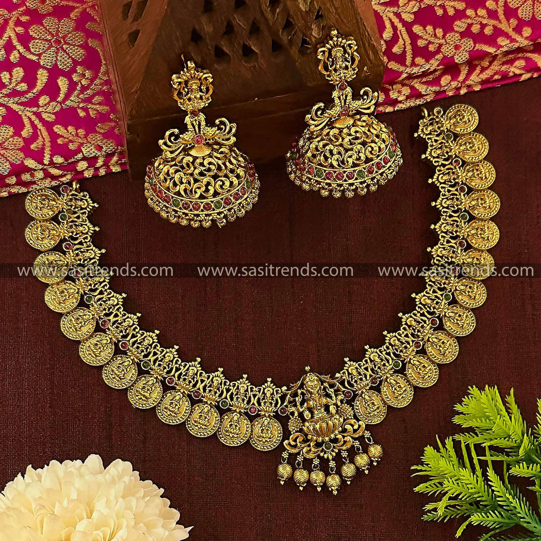 Bridal Wear Temple gold plated Lakshmi choker necklace with jhumkas, perfect for occasions