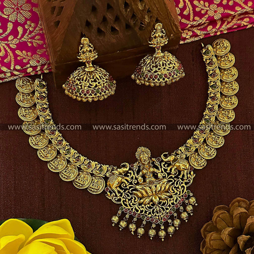 Matte Gold Plated Lakshmi Choker Necklace with Jhumkas