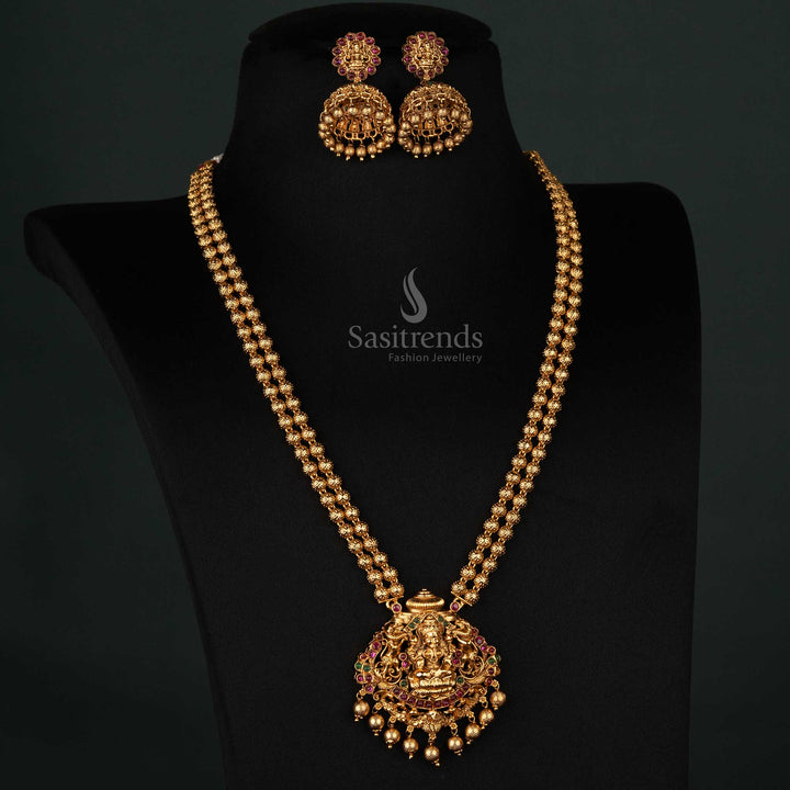 Premium Temple Matte Gold Plated Lakshmi Long Necklace Jewellery Sets with Dual Layered Beaded Chain, Grand Lakshmi Pendant & Jhumka Earrings – Sasitrends