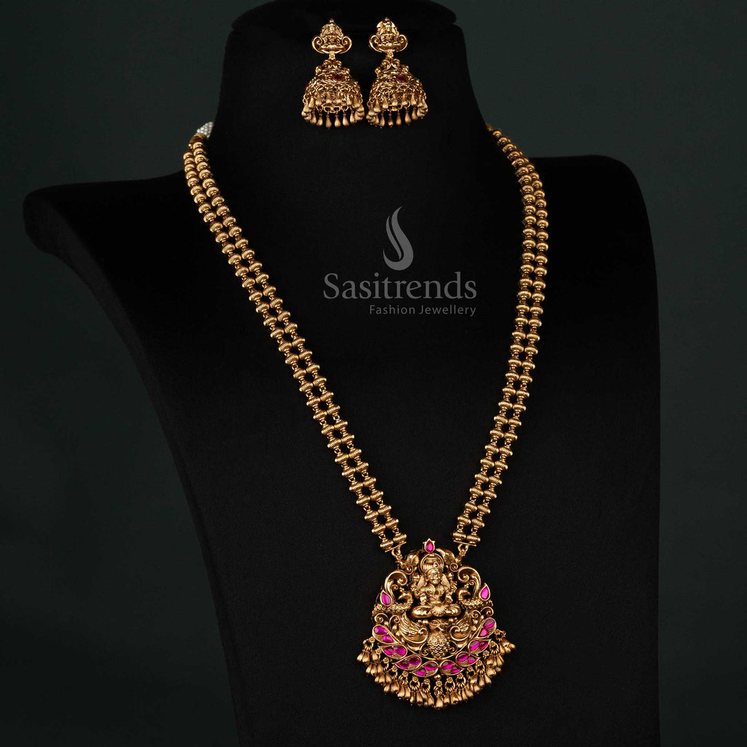 Premium Temple Matte Gold Plated Lakshmi Long Necklace Set with dual-layered beaded chain Sasitrends