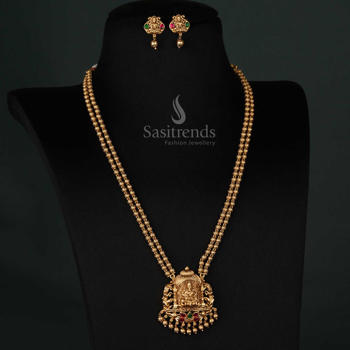 Premium Temple Matte Gold Plated Lakshmi Necklace Set with Beaded Chain - Sasitrends