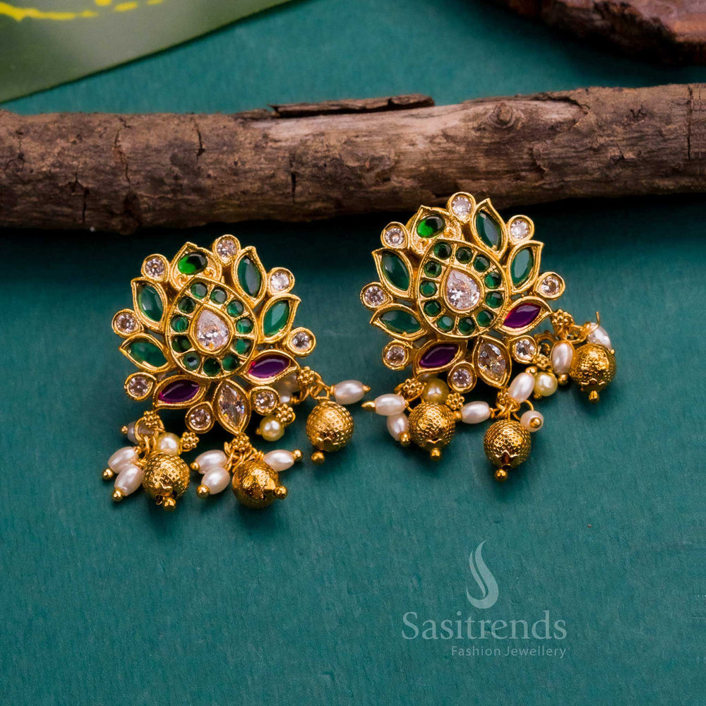 Graceful Temple Gold Plated Lotus Floral Earrings with Kemp AD Stones, Pearls, and Bead Hangings - Sasitrends