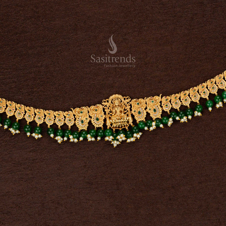 Premium Temple Matte Gold Plated Hip Belt with Lakshmi Motif | Green Agate & Pearl Drops | Traditional Wedding & Bridal Wear - Sasitrends