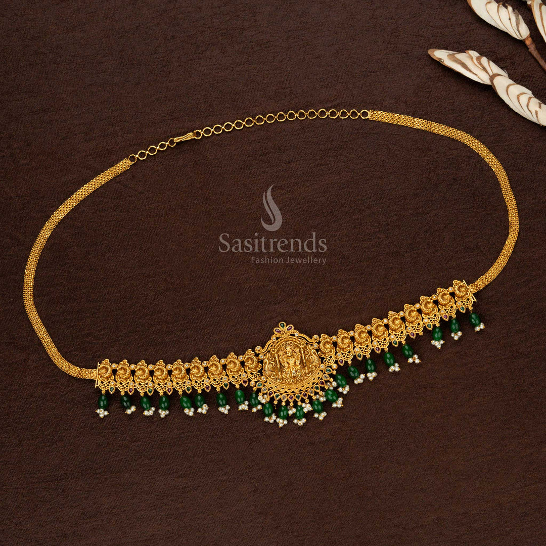 Premium Temple Matte Gold Plated Hip Belt with Lakshmi Pendant and Green Pearl Agate – Perfect for Bridal Wear - Sasitrends