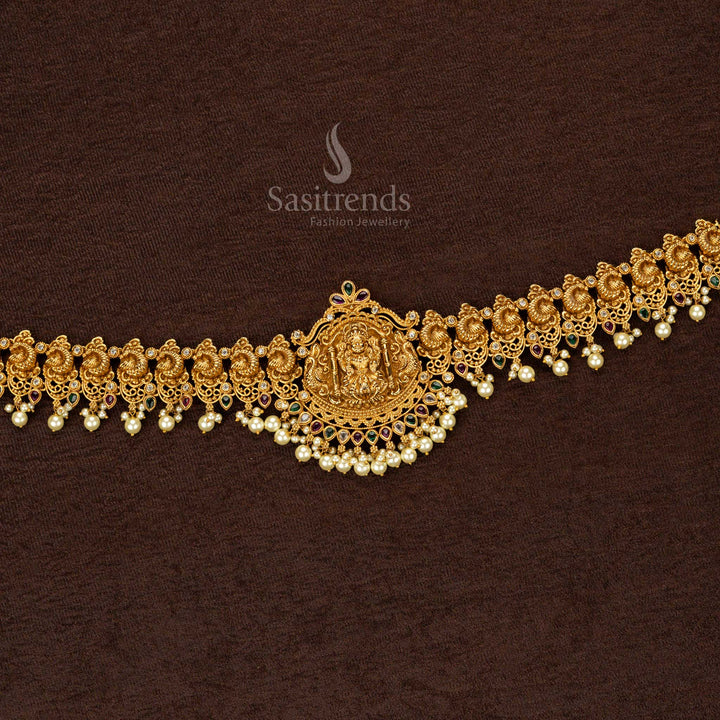 Premium Temple Matte Gold Plated Hip Belt with Lakshmi Pendant and White Pearl  – Perfect for Bridal Wear - Sasitrends