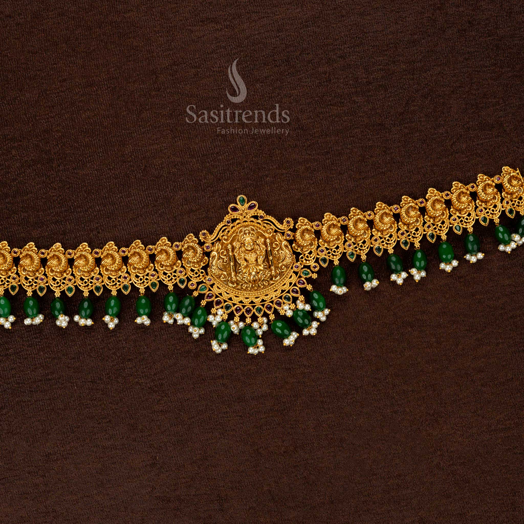 Traditional Wedding Hip Chain with Peacock Design, AD Stones, and Elegant Green Pearl Agate - Sasitrends