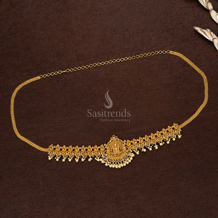 Premium Temple Matte Gold Plated Hip Belt with Lakshmi Pendant and White Pearl – Perfect for Bridal Wear - Sasitrends