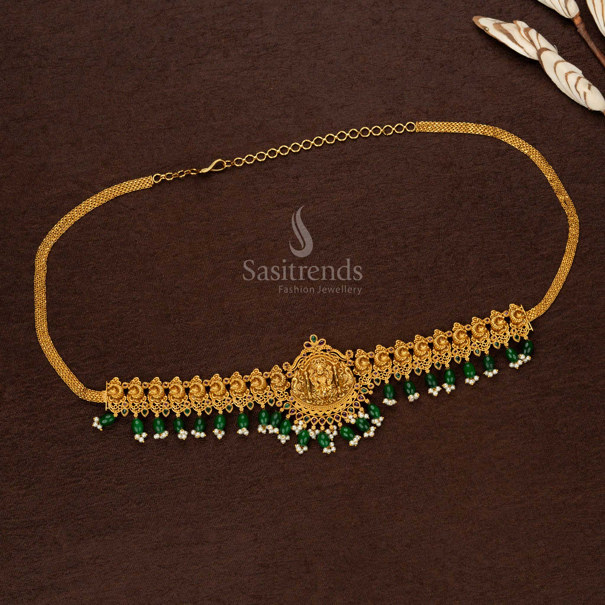 Traditional Wedding Hip Chain with Peacock Design, AD Stones, and Elegant Green Pearl Agate - Sasitrends