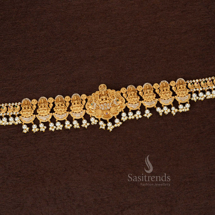 Premium Temple Matte Gold Plated Hip Belt with Lakshmi Motif and Pearl Beads – Sasitrends