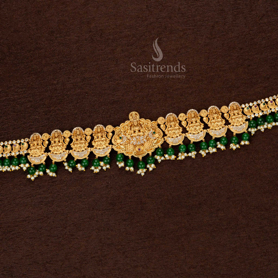 Premium Temple Matte Gold Plated Hip Belt with Lakshmi Motif and Green Beads – Sasitrends