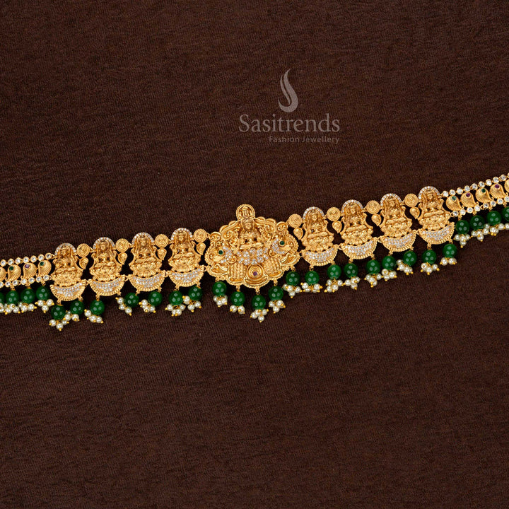 Premium Temple Matte Gold Plated Hip Belt with Lakshmi Motif and Green Beads – Sasitrends