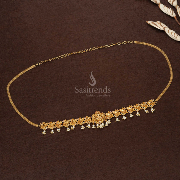 Elegant Premium Temple Matte Gold Plated Hip Belt Lakshmi Design AD Stones & Pearl Drops Festive & Bridal Jewellery - Sasitrends