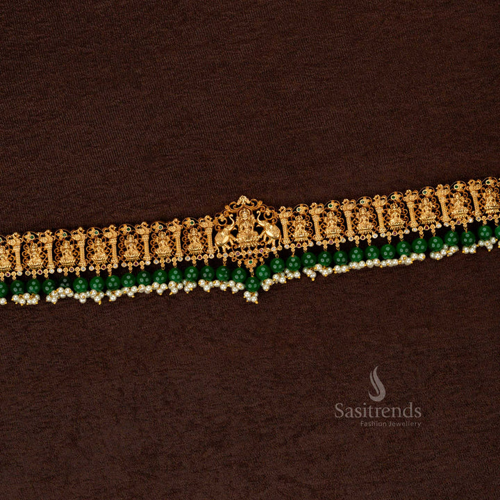 Premium Temple Matte Gold Plated Hip Belt with Lakshmi Motif and Green Pearl Agate - 2083H - Sasitrends