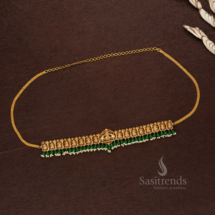 Premium Temple Matte Gold Plated Hip Belt with Lakshmi Motif and Green Pearl Agate - Sasitrends