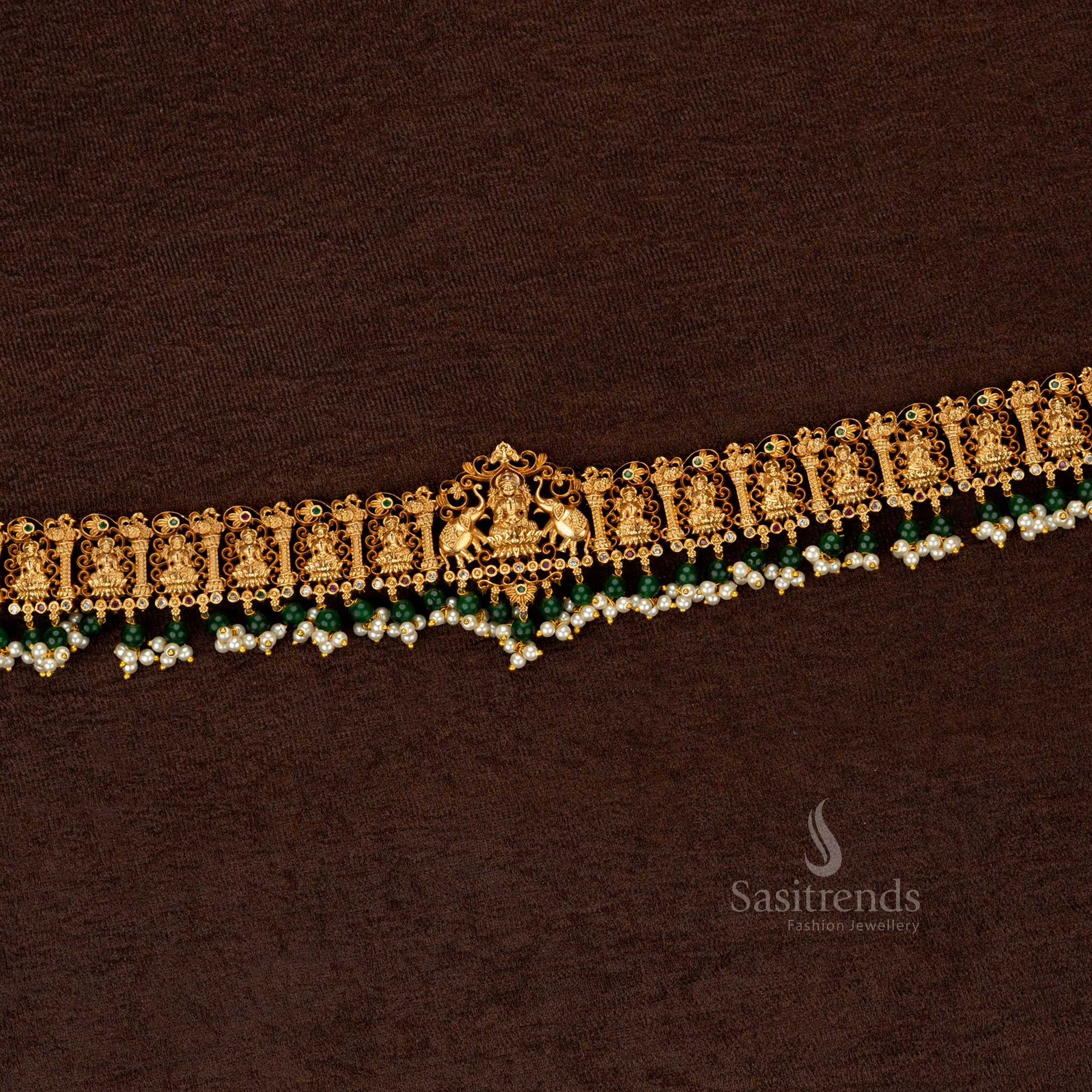 Premium Temple Matte Gold Plated Hip Belt with Lakshmi Motif and Green Pearl Agate - Sasitrends