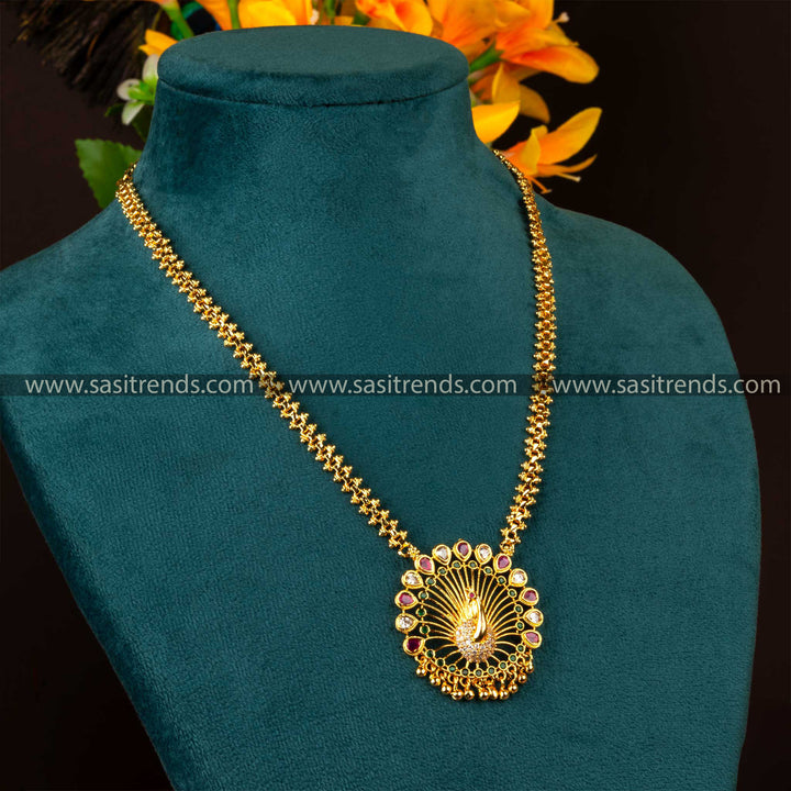 Traditional Micro Gold Plated Gajiri Necklace with Peacock Pendant and AD Stones - Latest Trend | Sasitrends