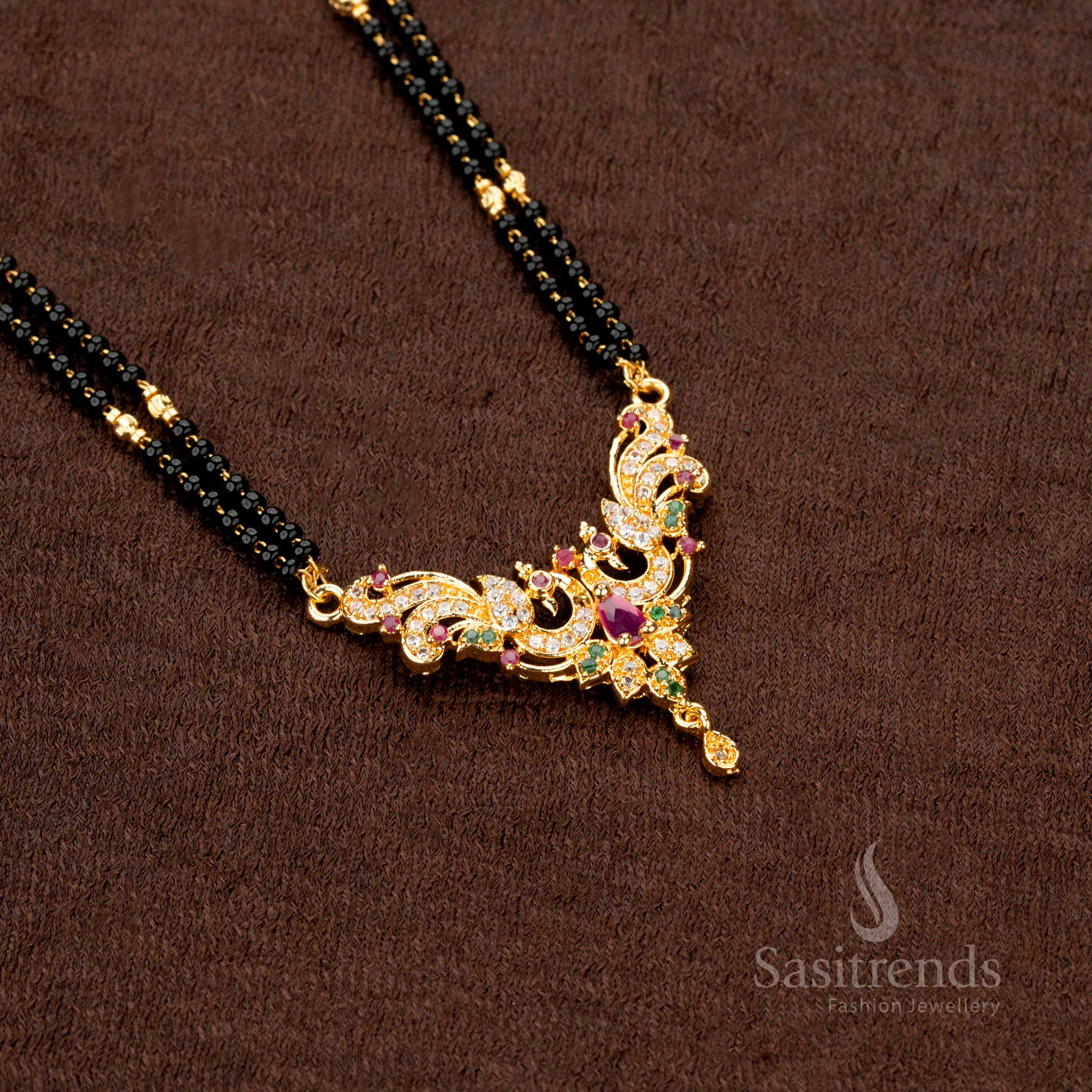 Luxurious micro gold-plated black beads mangalsutra with a radiant AD pendant, perfect for traditional and festive outfits - Sasitrends