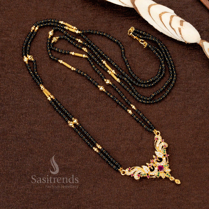 Exquisite handcrafted gold-plated mangalsutra with black beads and a designer AD pendant for a royal festive look - Sasitrends