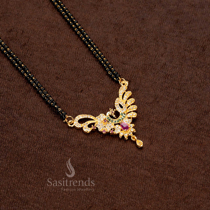 Vintage-style gold-plated mangalsutra with black beads and a classic AD pendant, adding charm to your ethnic collection - Sasitrends