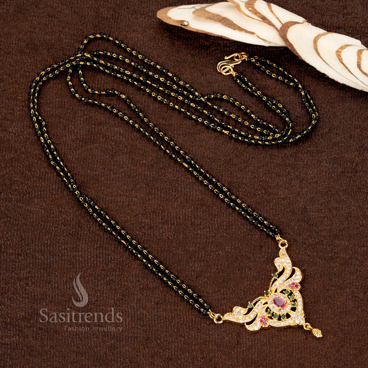 Festive micro gold-plated mangalsutra with black beads and a temple-design AD pendant, enhancing your ethnic style - Sasitrends