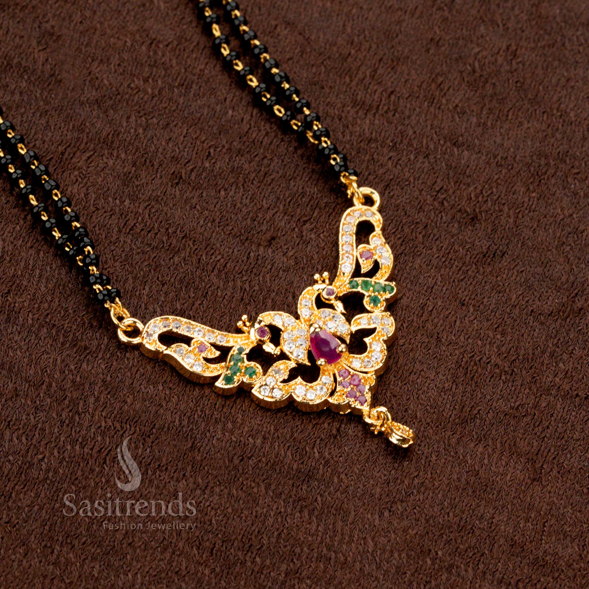 Stunning handcrafted gold-plated mangalsutra with black beads and an intricate AD pendant, ideal for bridal and festive occasions - Sasitrends