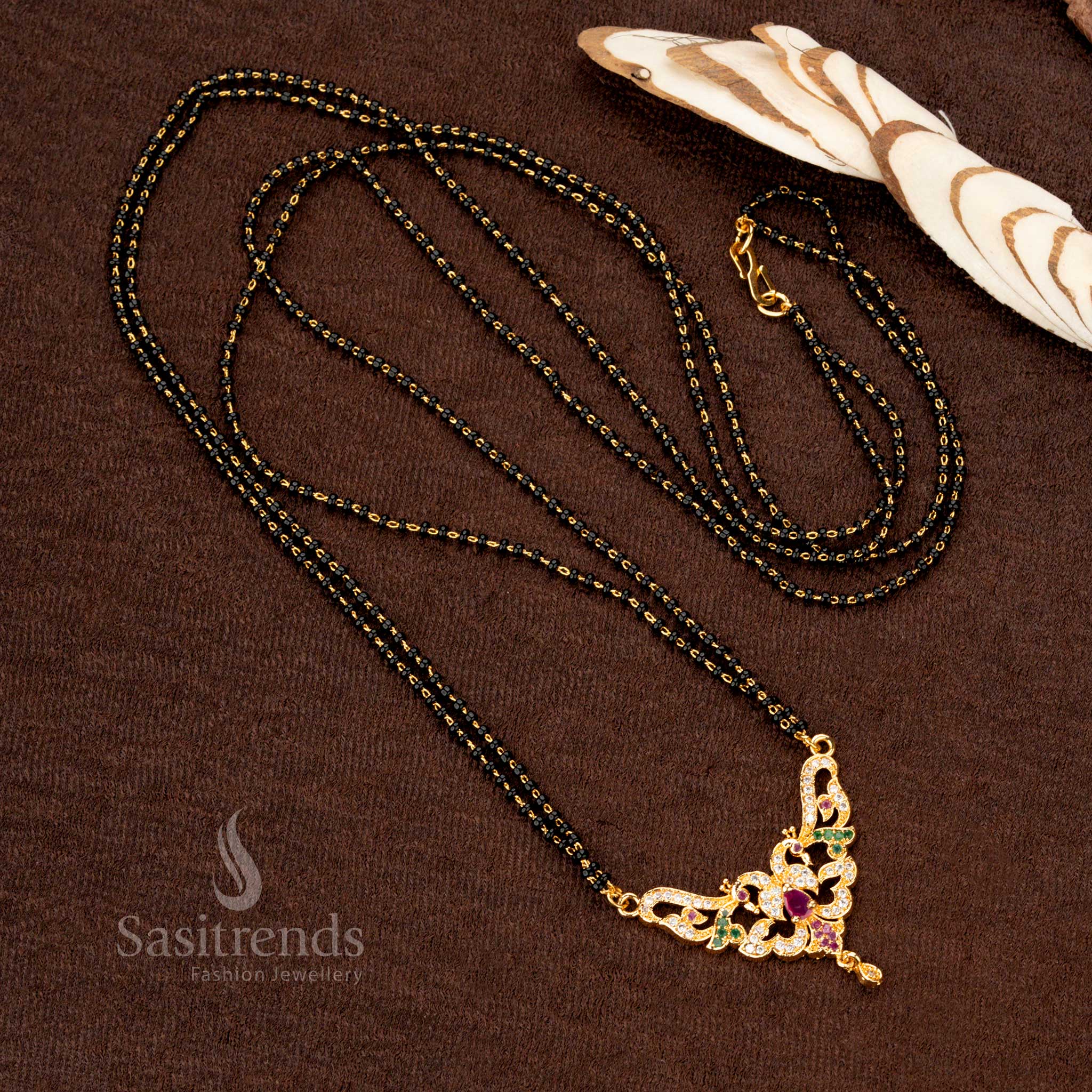 Elegant traditional micro gold-plated mangalsutra with black beads and a dazzling AD pendant in 24 inches, perfect for festive wear - Sasitrends