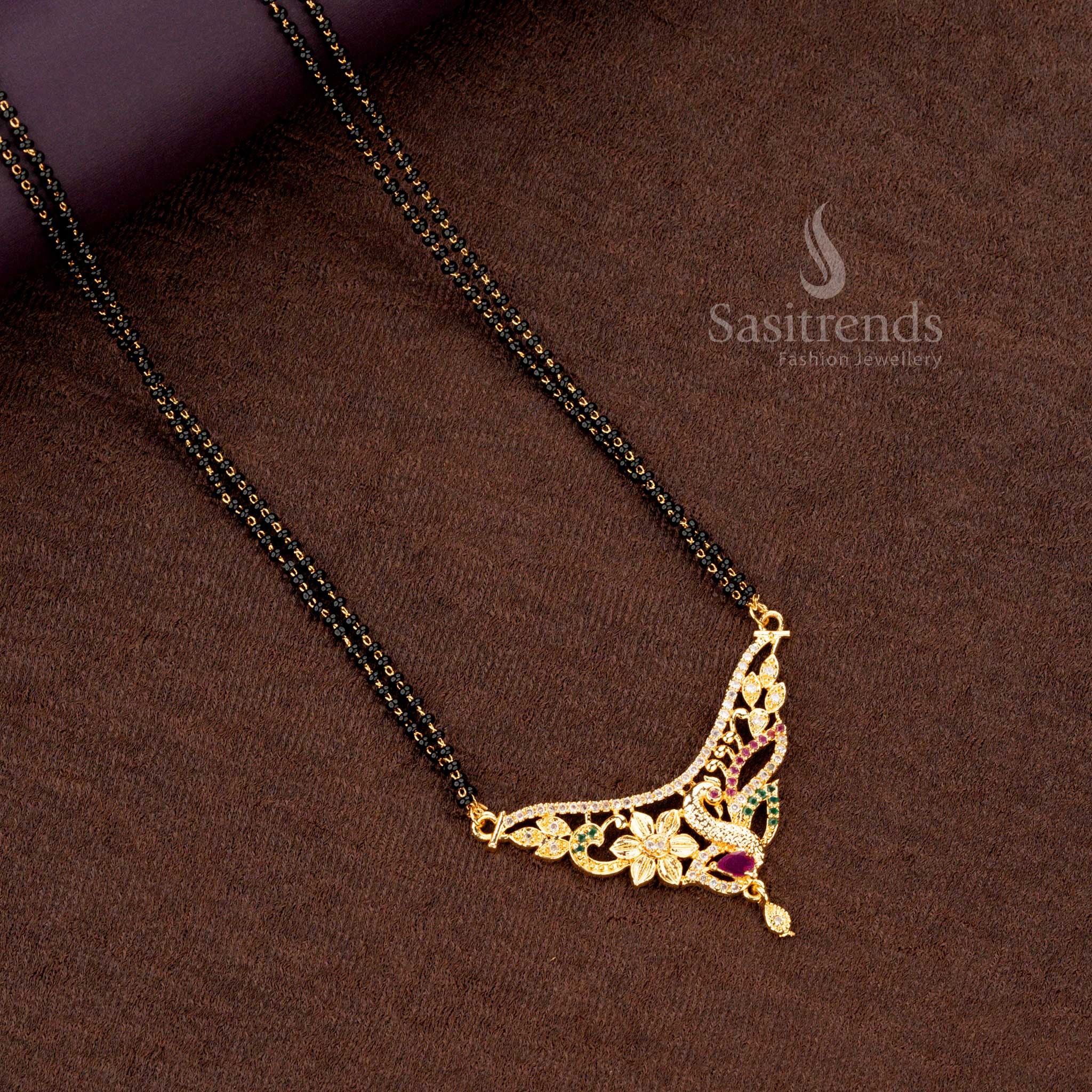 Elegant mangalsutra featuring black beads and intricate AD pendant design - Sasitrends