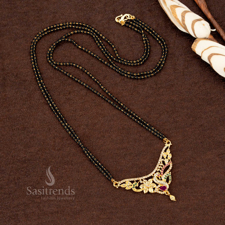 Gold plated mangalsutra with black beads chain and unique floral pendant - Sasitrends