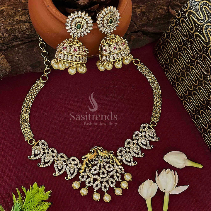 New Arrival: Temple Matte Gold Plated Floral Peacock Pendant Choker AD Jewellery Set with Jhumkas for Women | Sasitrends