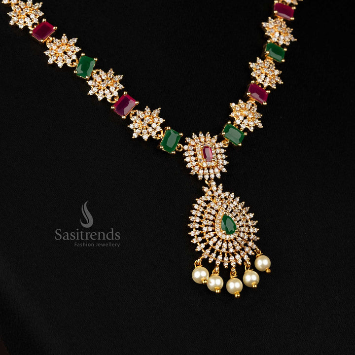 Intricate craftsmanship on micro gold-plated multi-color flower pendant with shimmering AD and pearls - Sasitrends