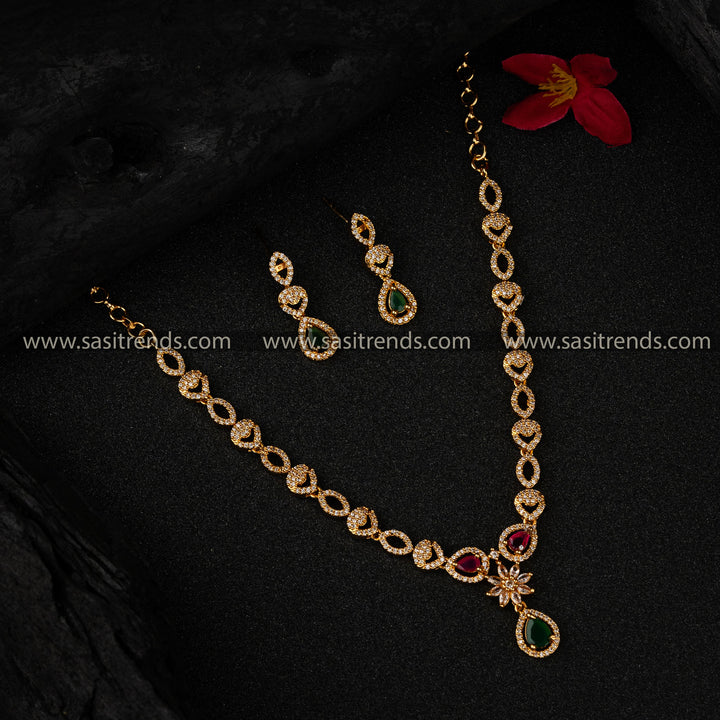 Exquisite Micro Gold Plated Flower Pendant AD Necklace Set - Sasitrends